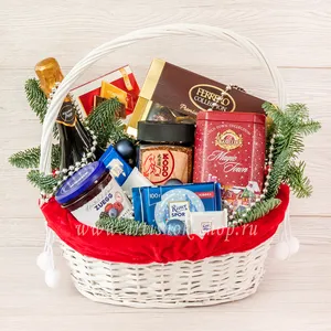 Подарочный набор с шампанским, джемом, конфетами Ferrero Collection и шоколадом Merci и Ritter Sport - №1375